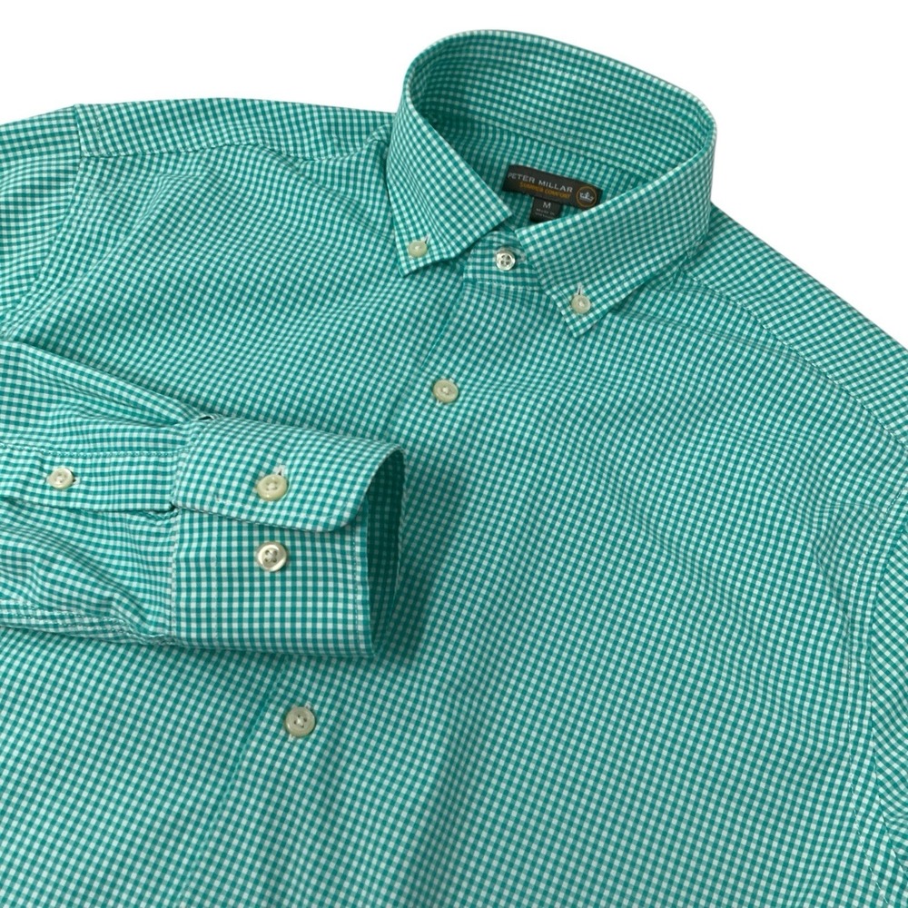 Peter Millar Summer Comfort Medium Gingham Button Down Shirt Performance Green‎